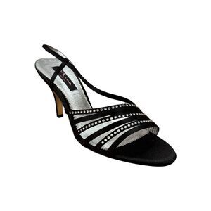 Nina Black Satin Strappy Rhinestone High Heel Open Toe Pumps Women Size 10M